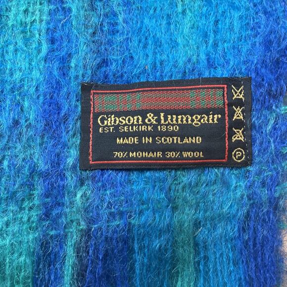 Gibson & Lumgair-Made In Scotland-Mohair Wool Scarf Plaid Teal-Green 62” X 9.5” - Picture 2 of 6